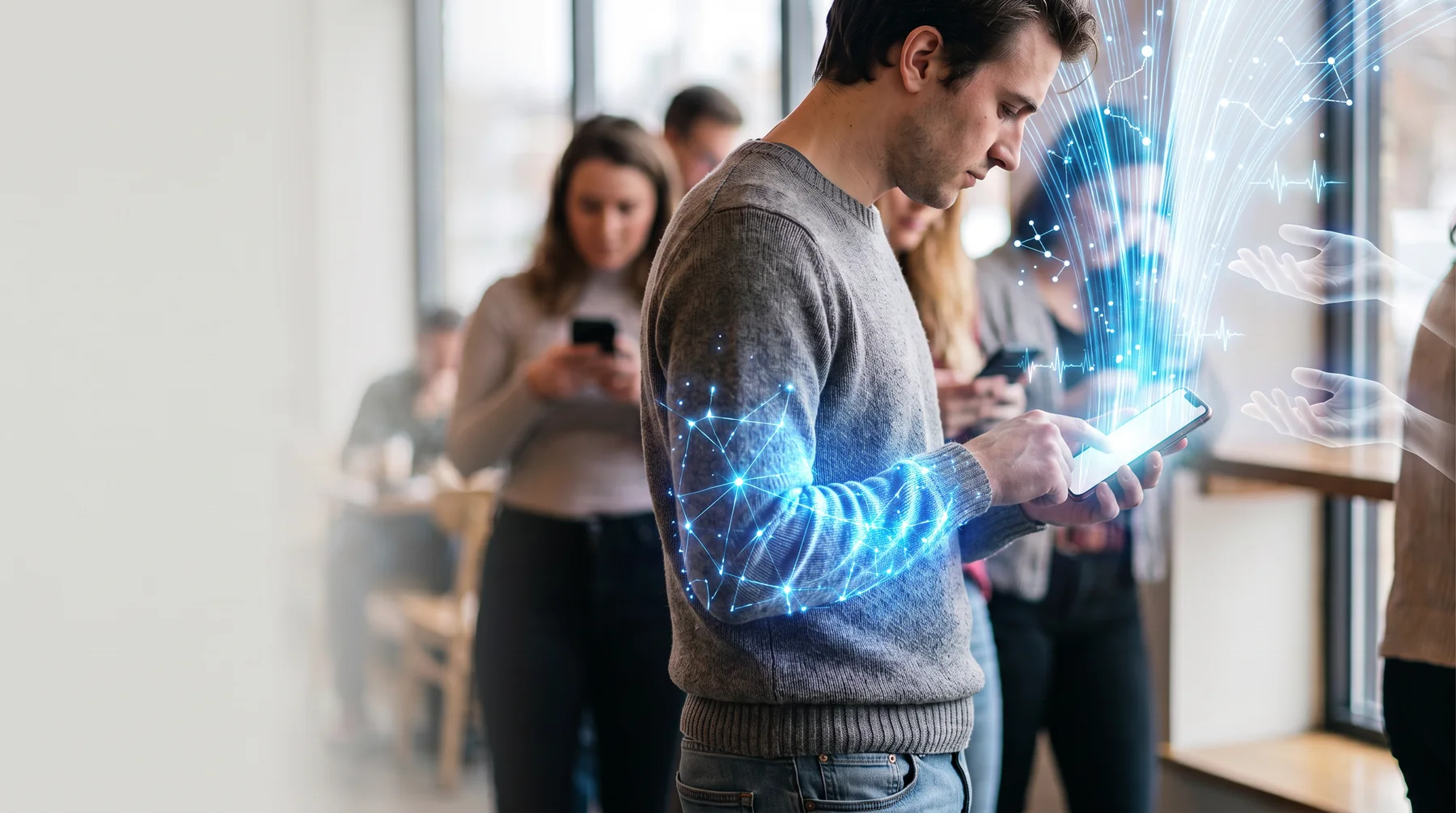 A man taps his phone as a blue digital network appears across his arm