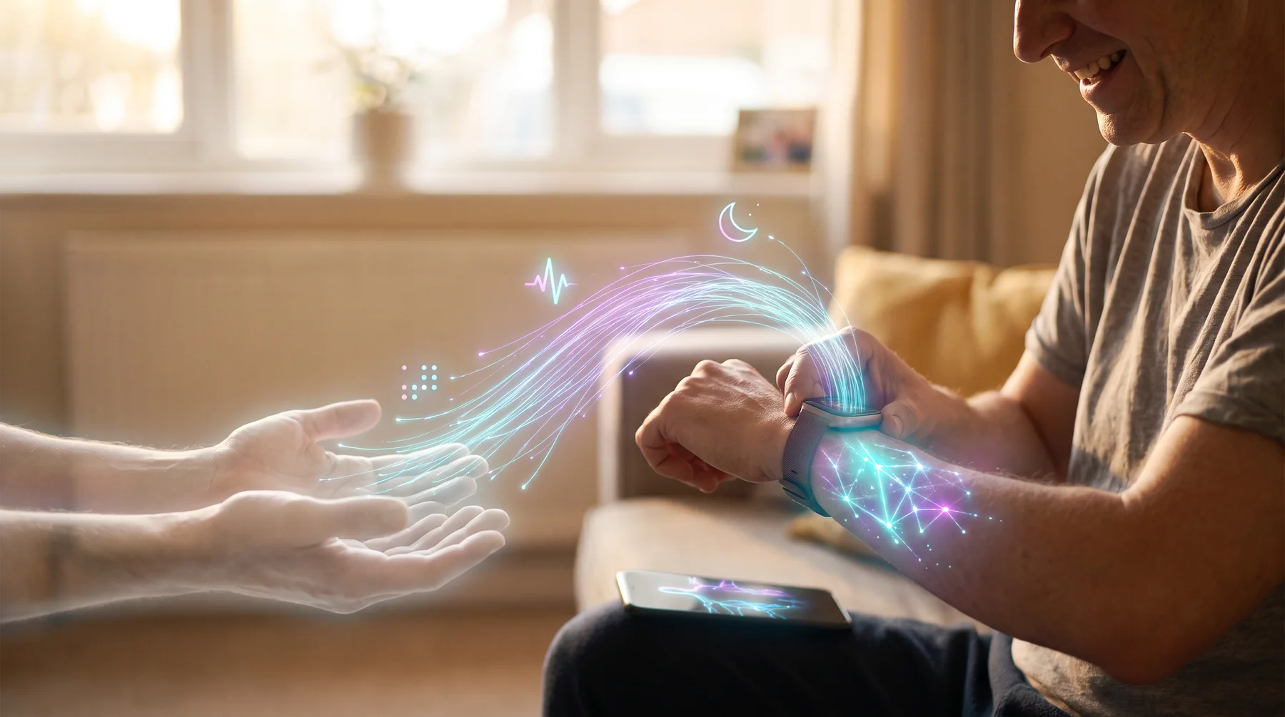 A man checks a fitness watch as digital signals flow toward translucent hands