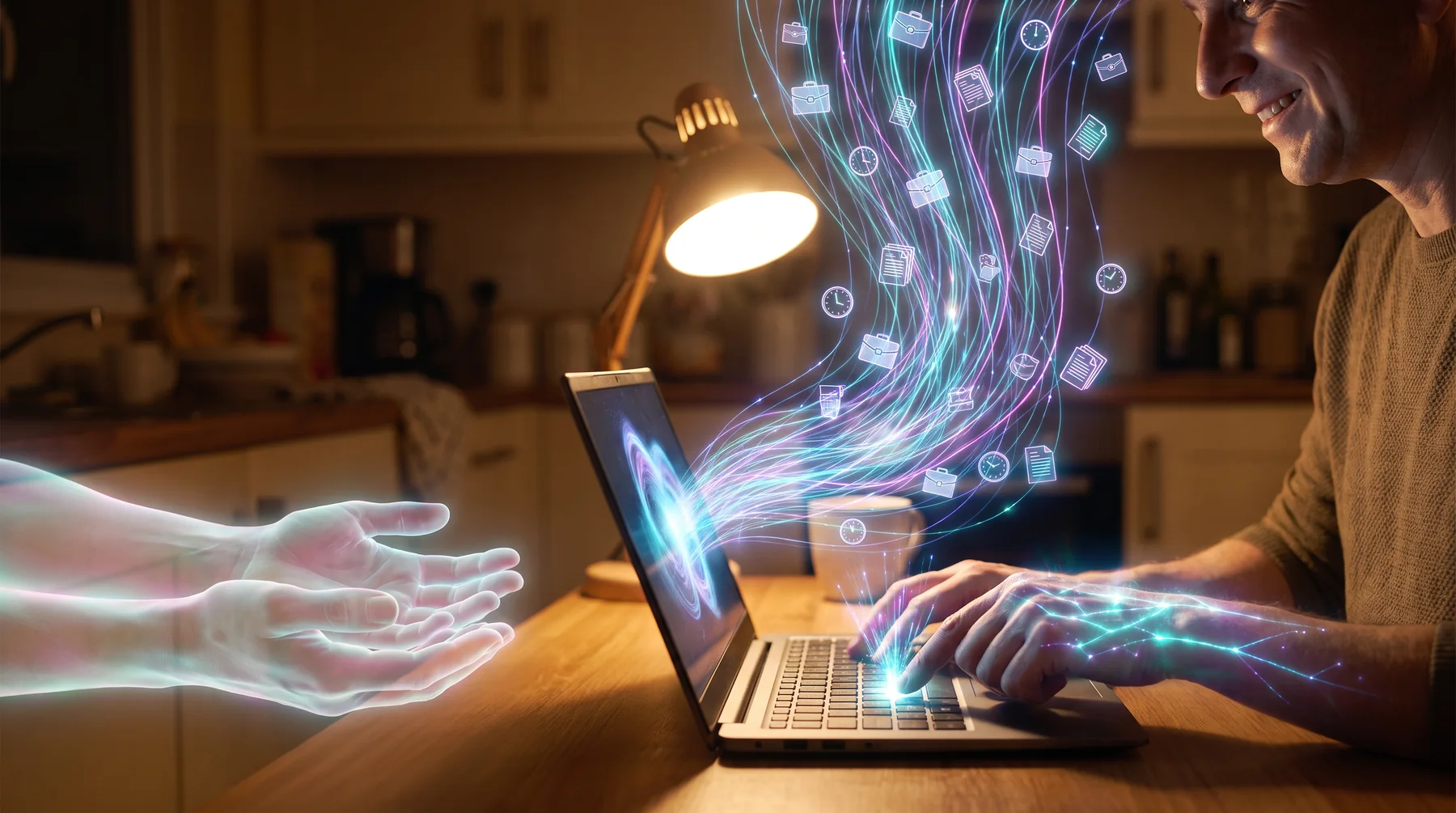 A man uses a laptop as work-data symbols rise toward translucent hands