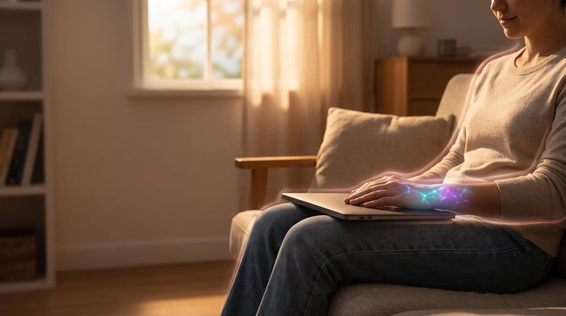 A woman rests a closed laptop on her lap as a small digital pattern fades from her arm